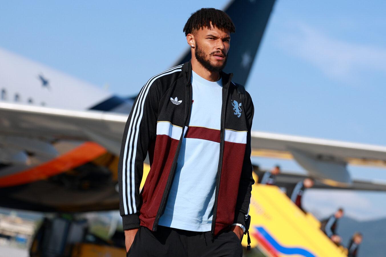 Tyrone Mings of Aston Villa looks on as the Aston Villa team arrives in Salzburg prior to the UEFA Super Cup final.